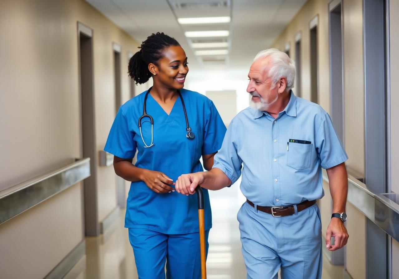 Caregiver helping elderly man walk